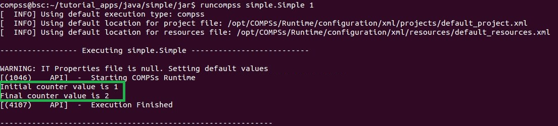 Output generated by the execution of the *Simple* Java application with COMPSs